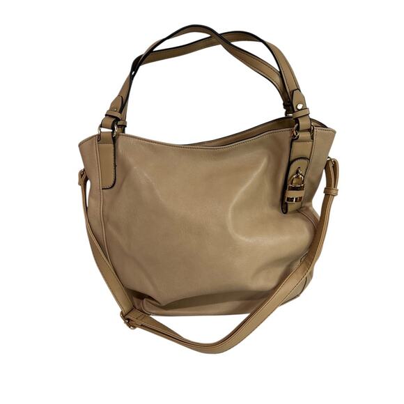 Tan Vegan Leather Shoulder Bag Detachable Crossbody Strap Goldtone Hardware - Picture 1 of 7